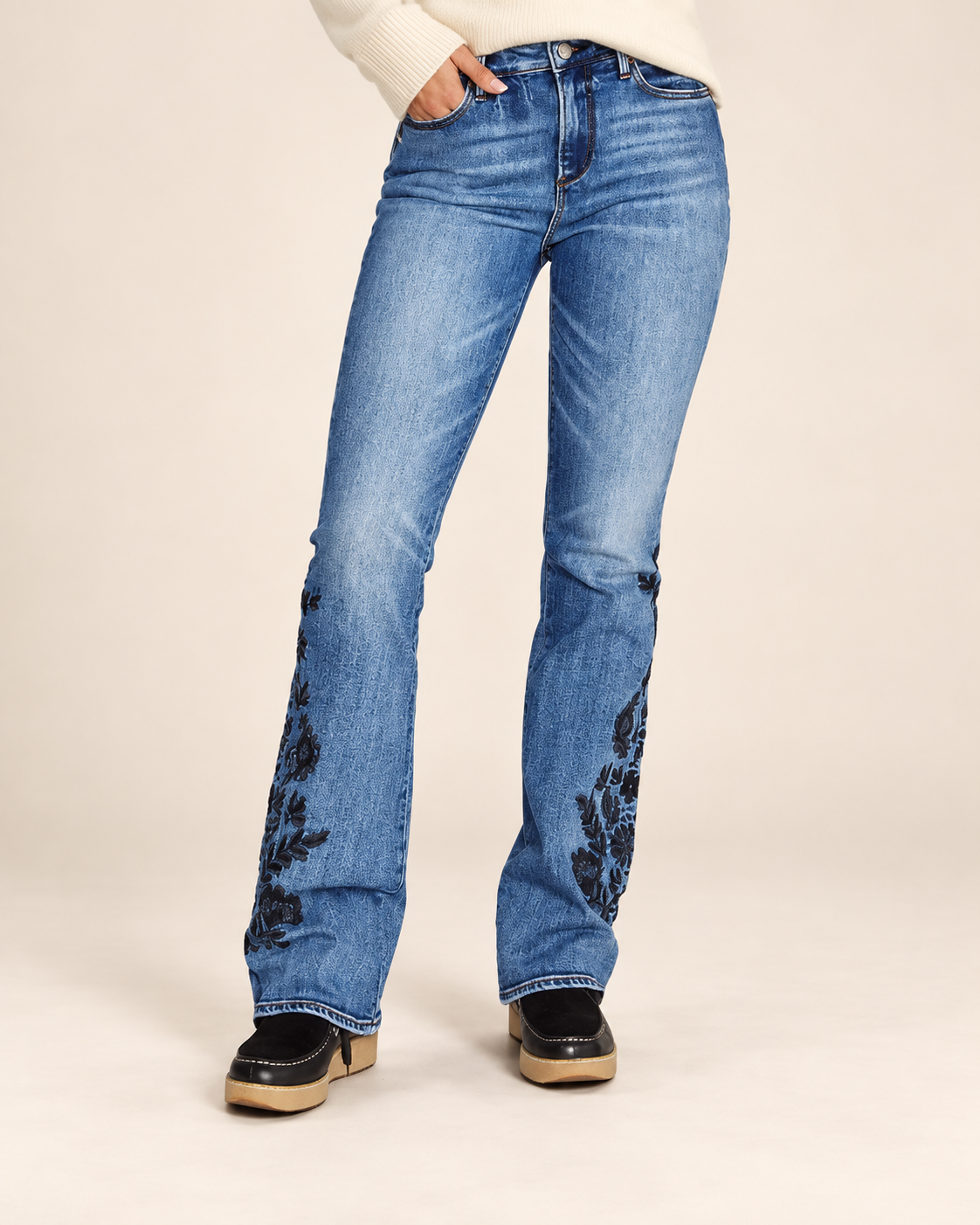 Floral-Embroidered Bootcut Jeans