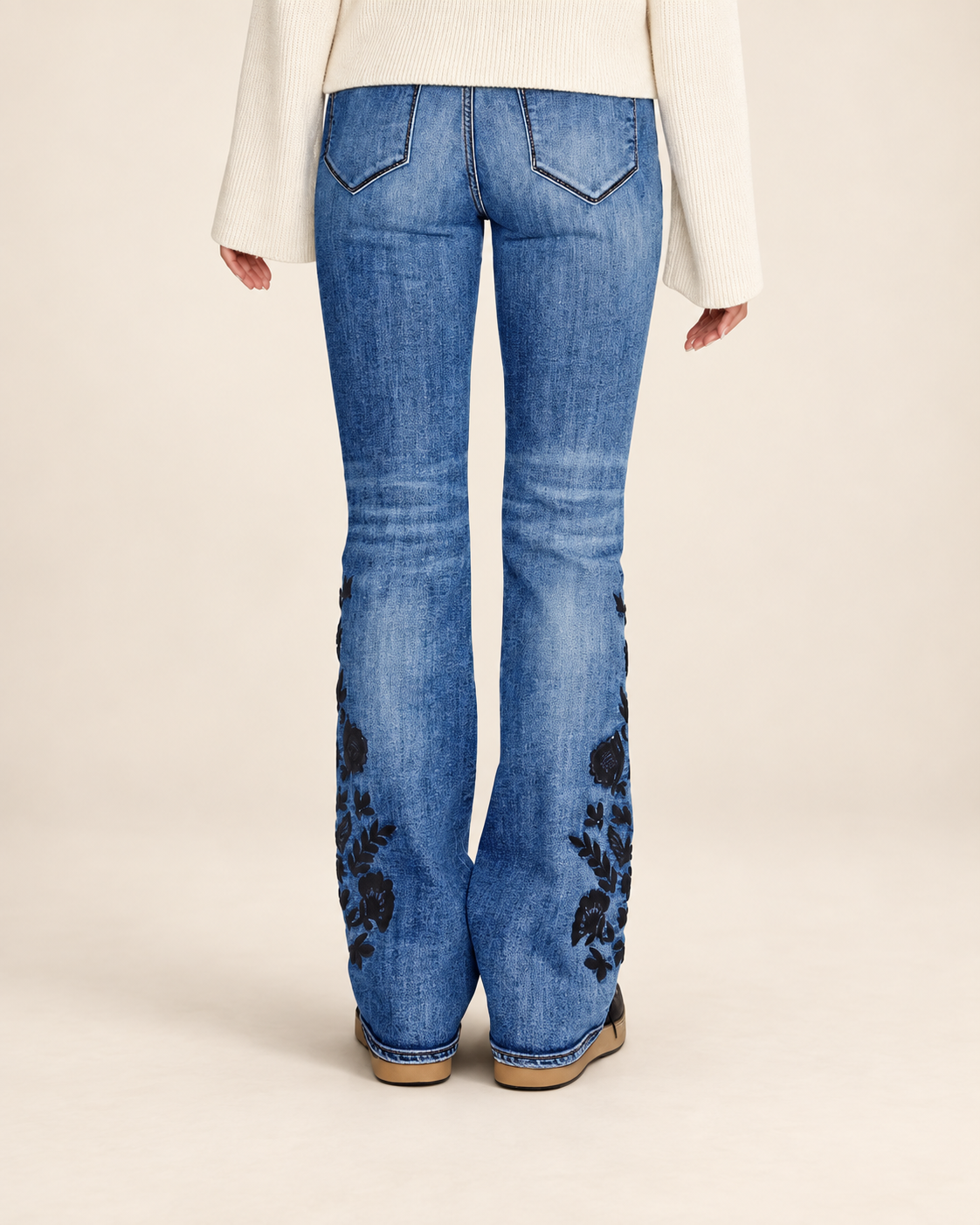 Floral-Embroidered Bootcut Jeans