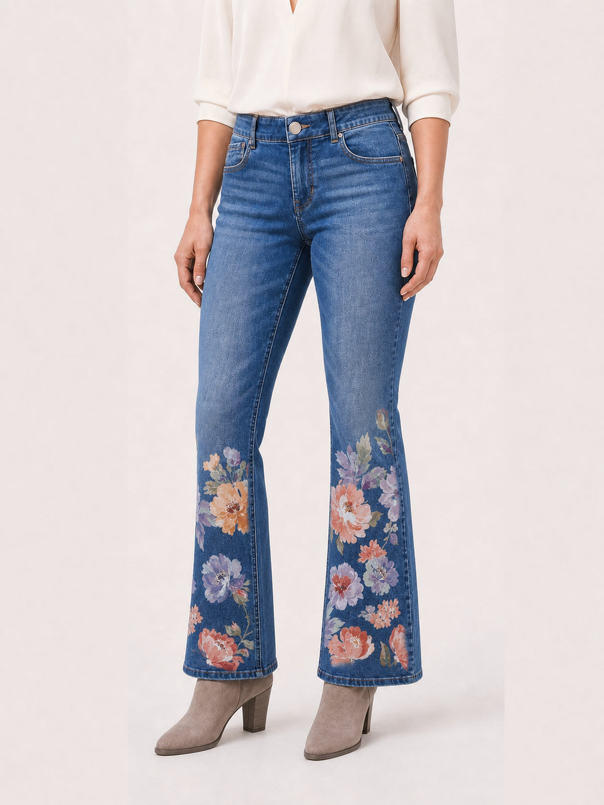 Floral Print Mid-Rise Flare Jeans