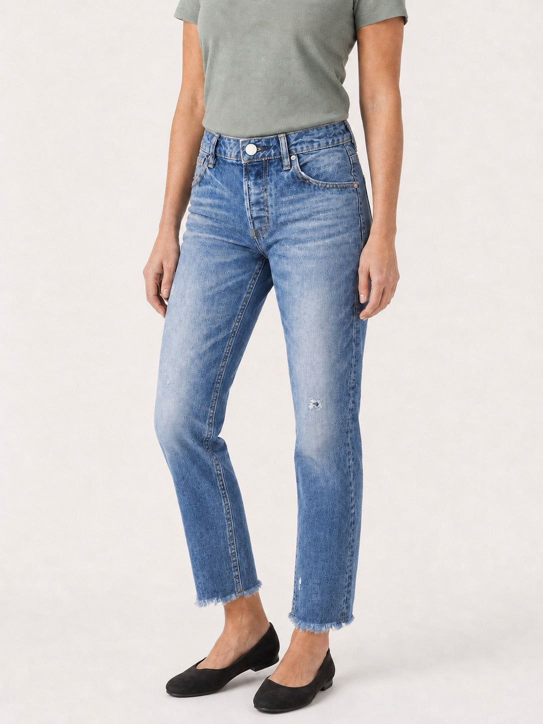 Distressed Raw-Hem Slim Straight Jeans