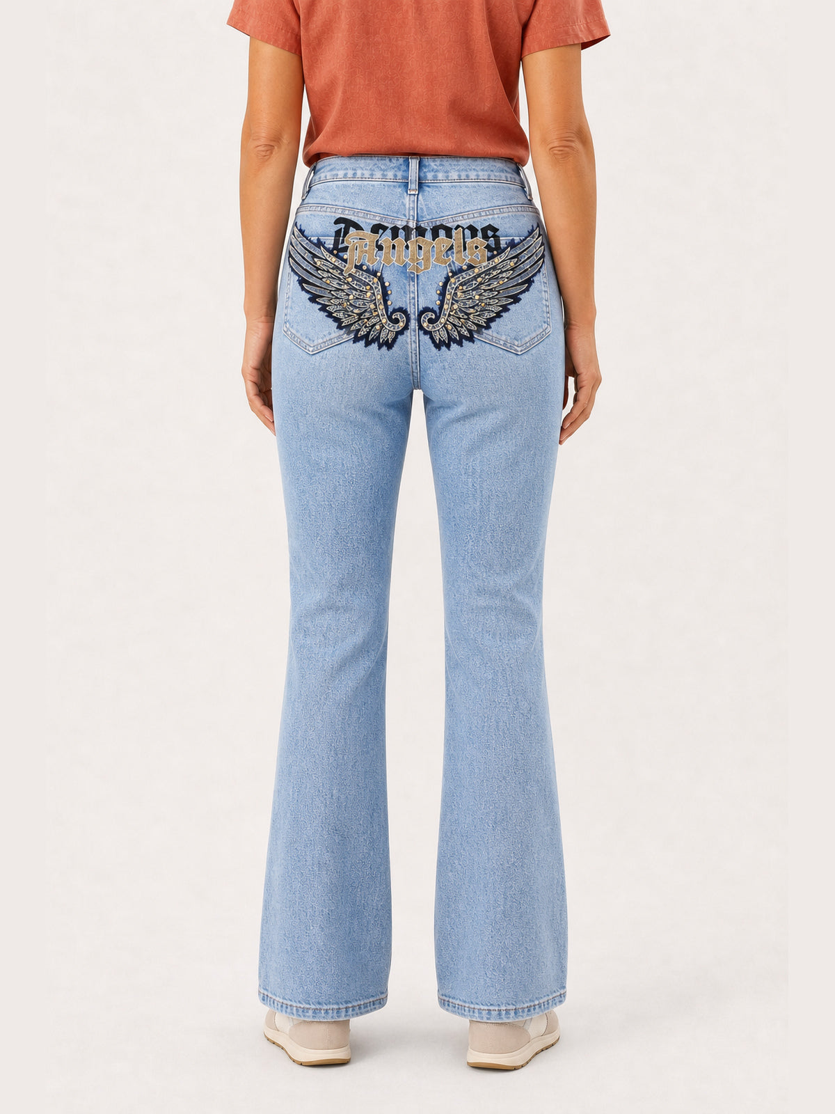 Light-Wash Wing Graphic Micro-Flare Jeans