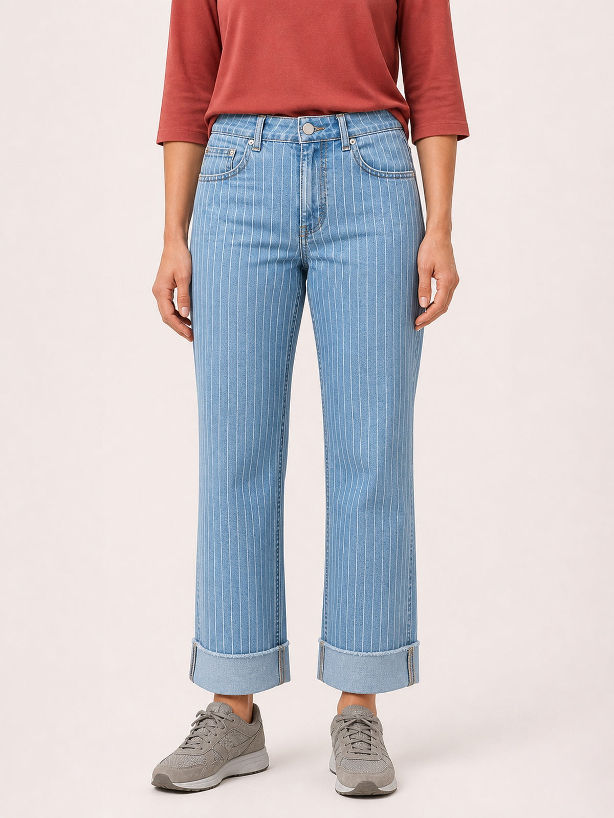 Pinstripe High-Rise Cuffed Straight Jeans