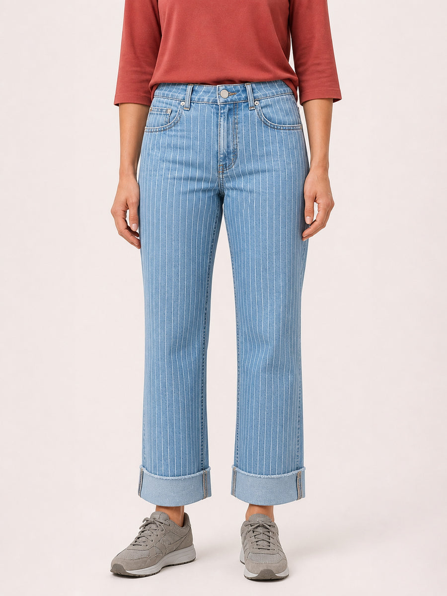 Pinstripe High-Rise Cuffed Straight Jeans