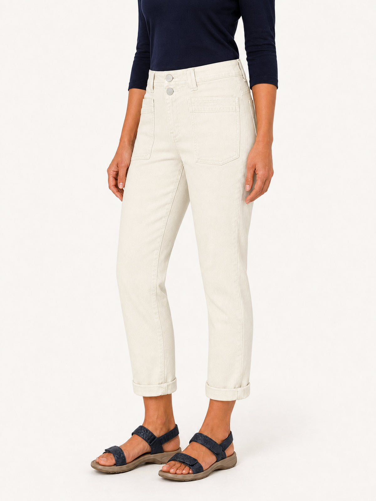 Ivory High-Rise Double-Button Cuffed Straight Jeans