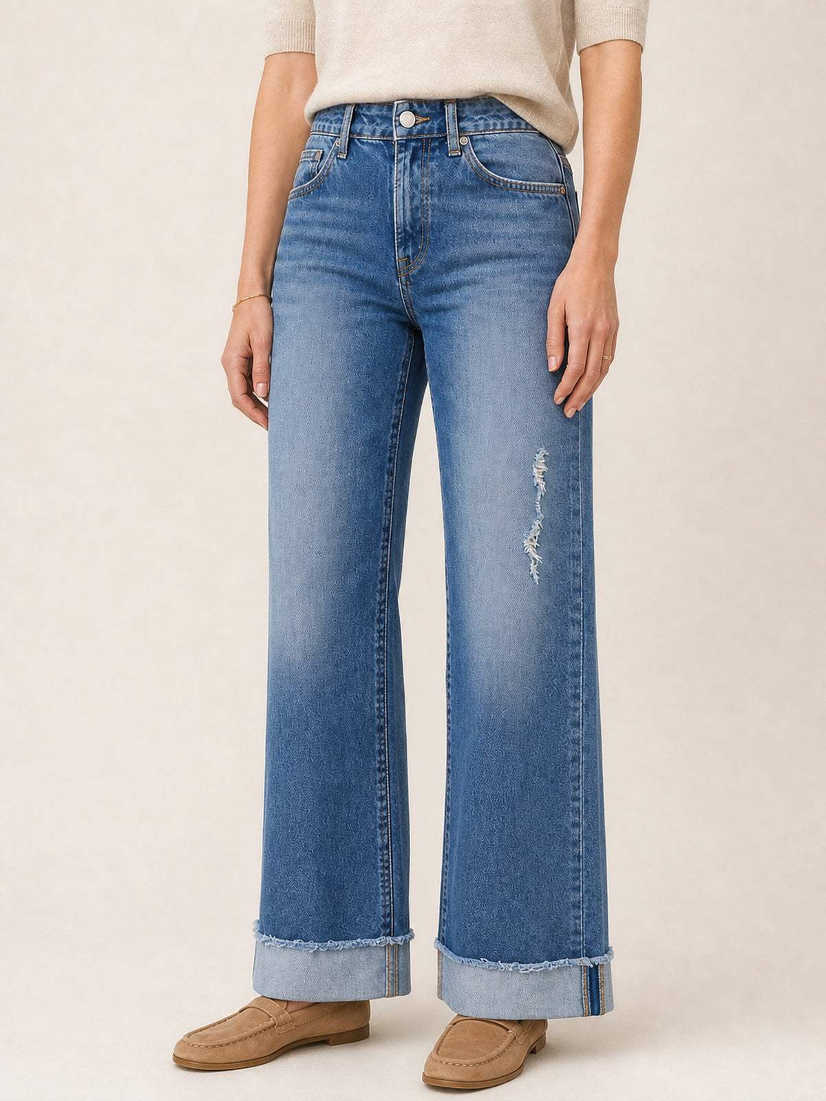 Distressed High-Rise Wide-Leg Cuff Jeans
