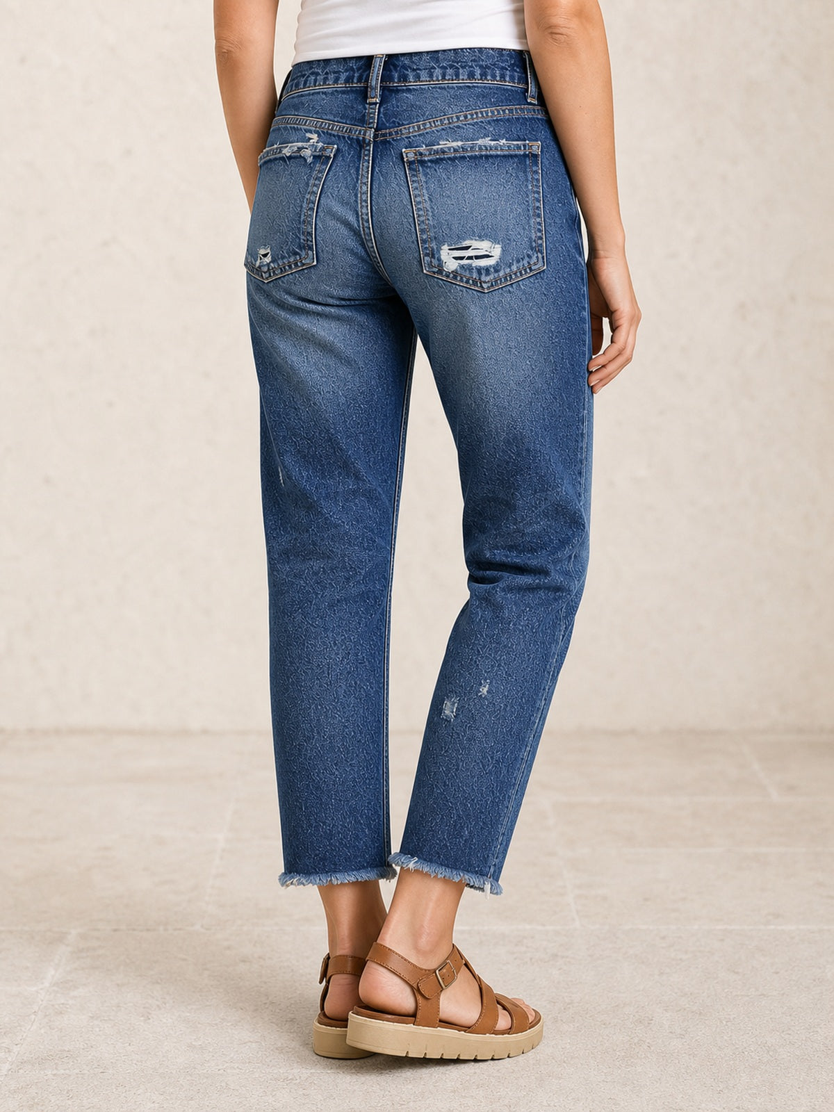 Mid-Rise Distressed Raw Hem Crop Straight Jeans