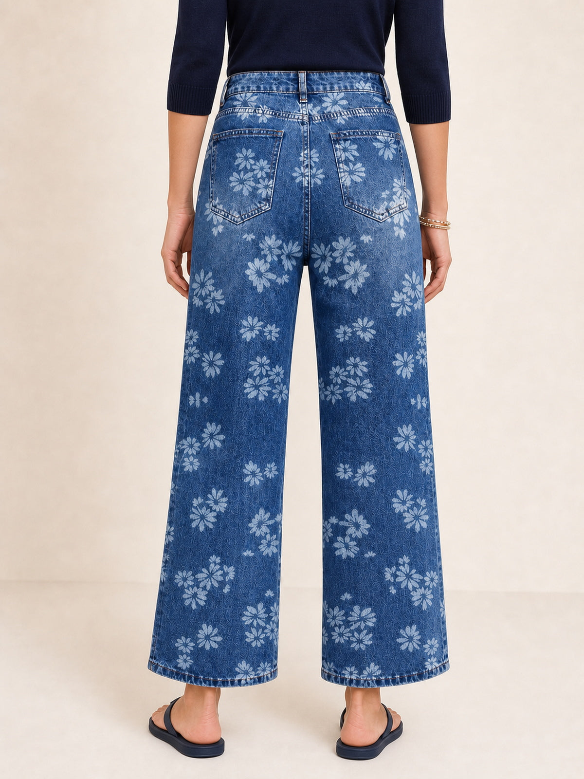 Floral Print Cropped Wide-Leg Jeans