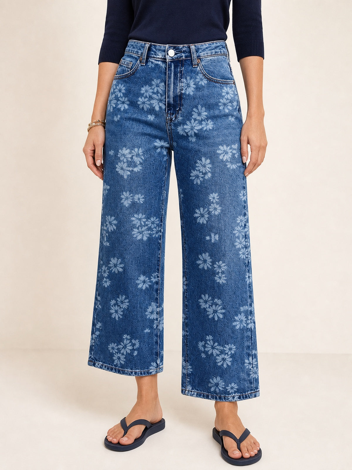 Floral Print Cropped Wide-Leg Jeans