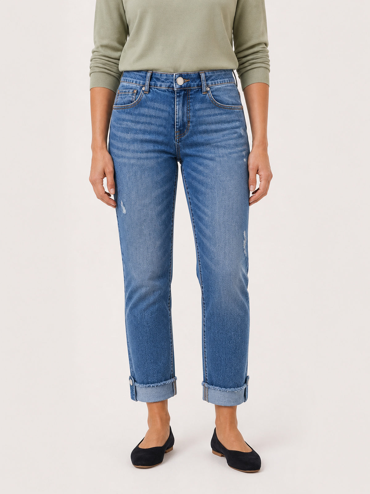 Distressed Boyfriend Jeans with Button Cuffs