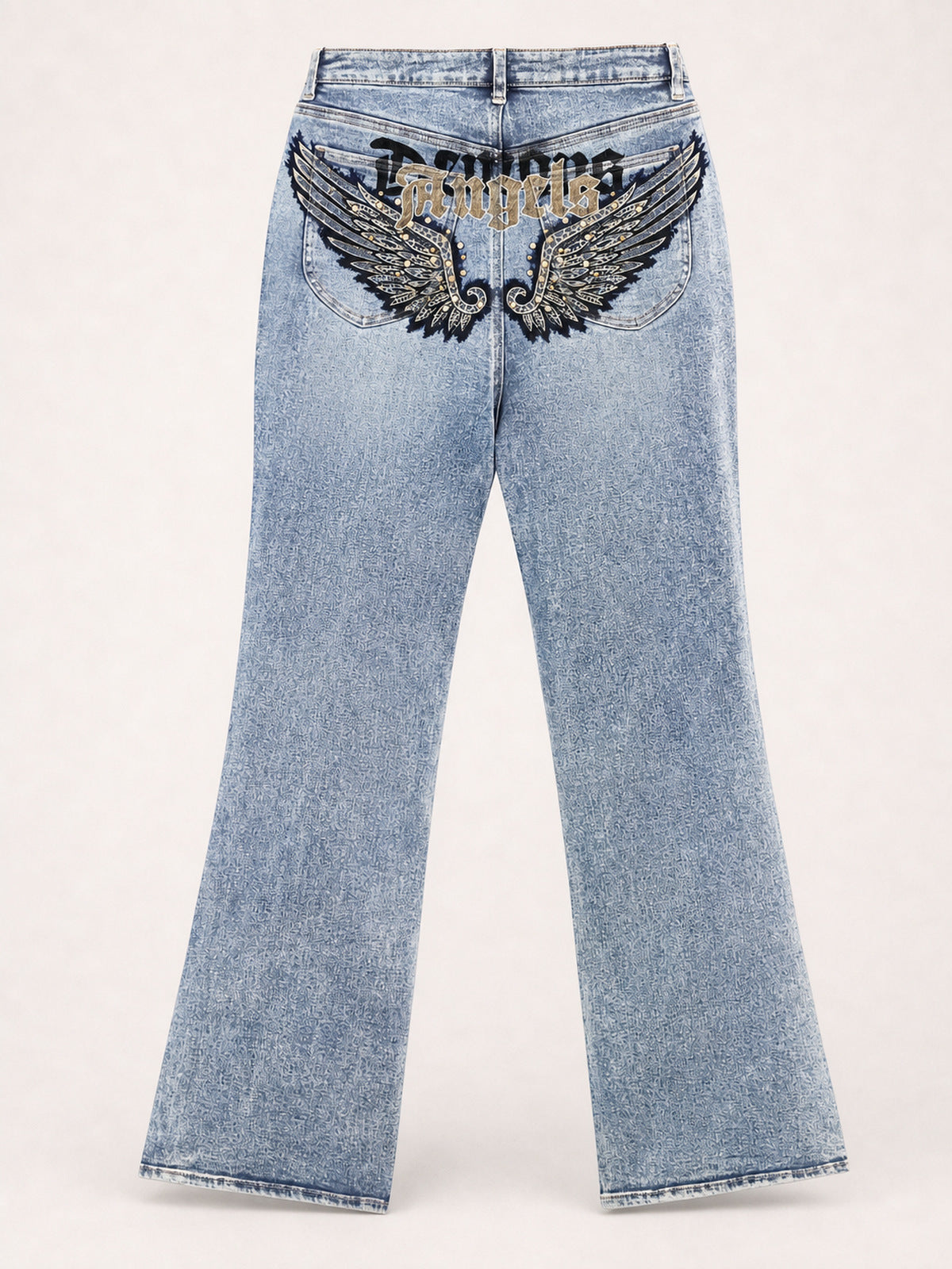 Light-Wash Wing Graphic Micro-Flare Jeans