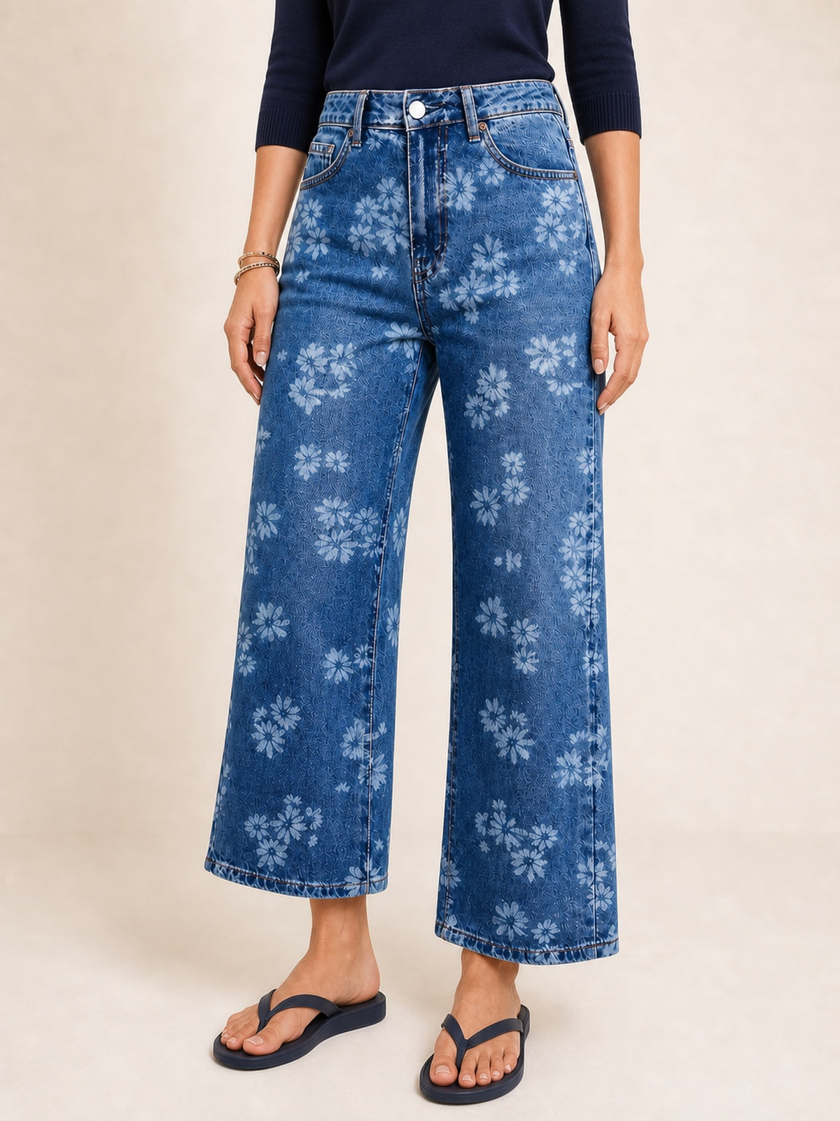 Floral Print Cropped Wide-Leg Jeans