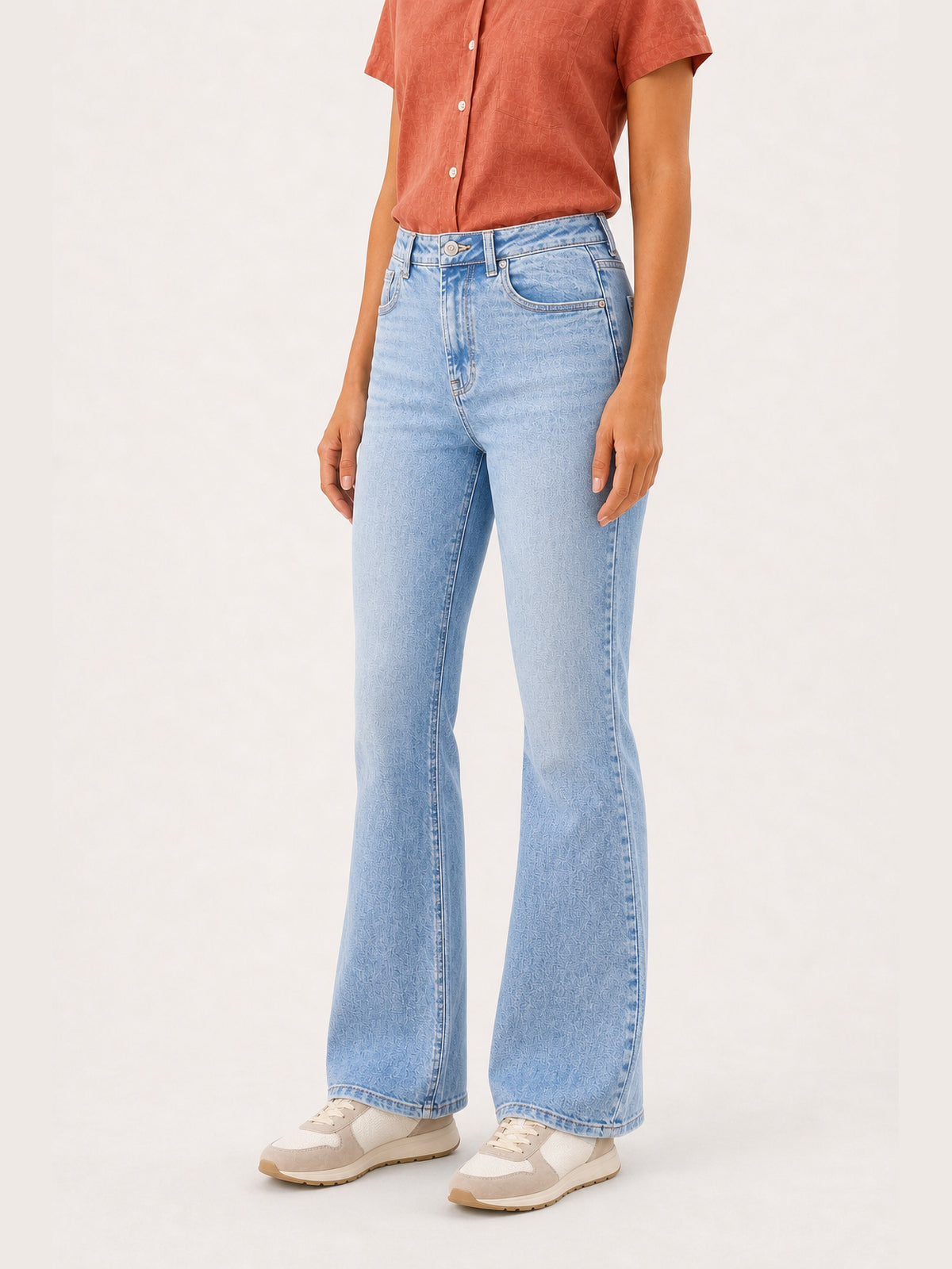 Light-Wash Wing Graphic Micro-Flare Jeans