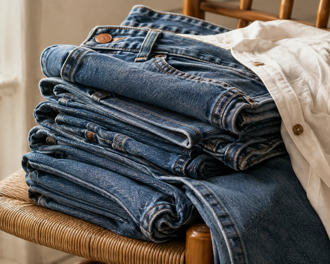 A folded denim stack and white shirt in warm natural light