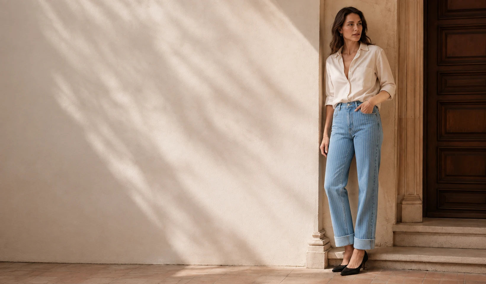 WestJune pinstripe cuffed straight jeans styled with a white shirt and black pumps